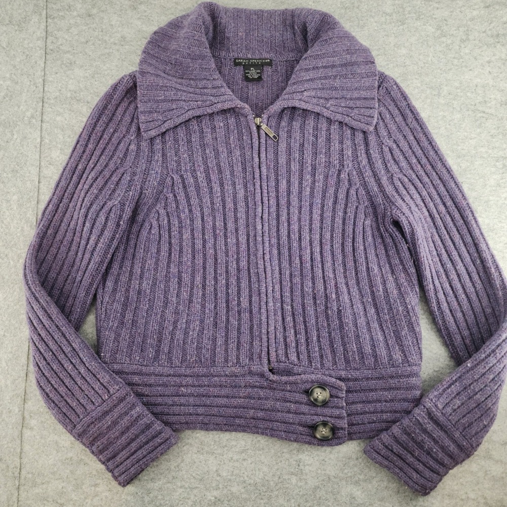 Sarah Spencer Purple 100% Lambs Wool Ribbed Zip Up Cardigan Sweater Petite PL